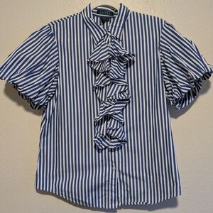 LRL Ralph Lauren Royal Blue and White Striped Puff-Sleeve Ruffle Blouse - L